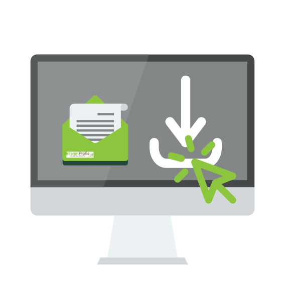Eine Grafik von einem grauen Monitor mit Download-Symbol und einem digital geoeffneten Brief