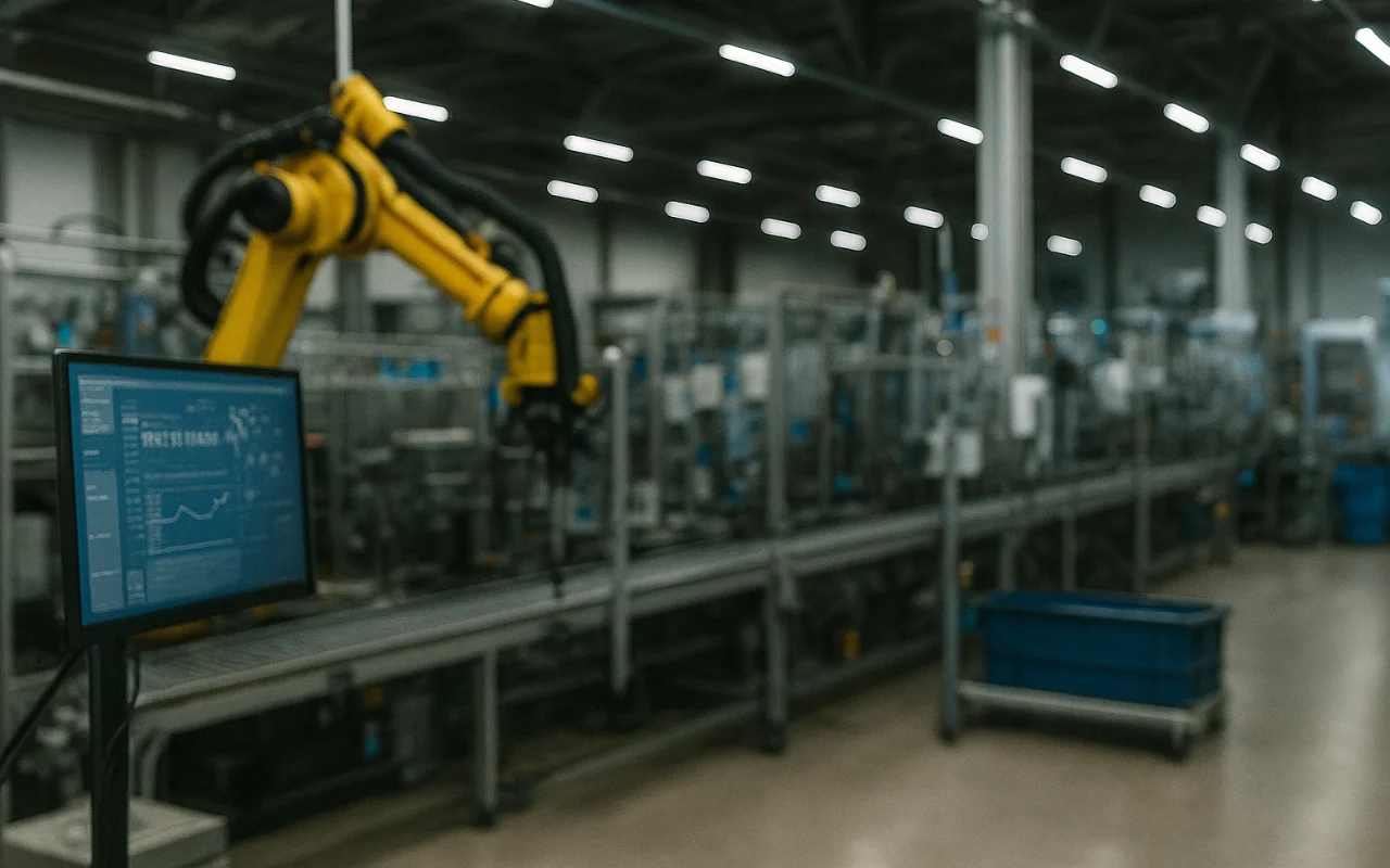 Fabrikhalle die von einem gelben Roboterarm bedient wird