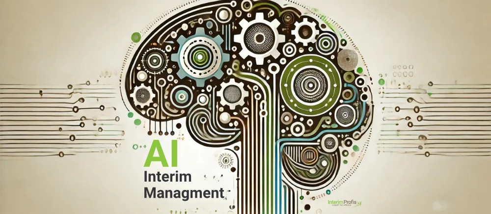 Interim Chief AI Officers Zeichnung eines Gehirns welches aus Zahnraedern, Schrauben und Rohren besteht