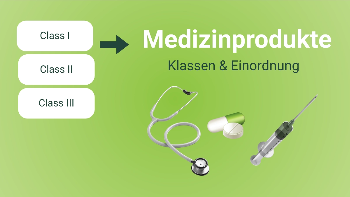 Grafische Darstellung der Klassen von Medizinprodukten mit Tablet, Implantat, Blisterverpackung und Spritze vor grün-blauem Hintergrund – Aufschrift ‚Medizinprodukte: Klassen & Einordnung‘, basierend auf EU-Verordnung 