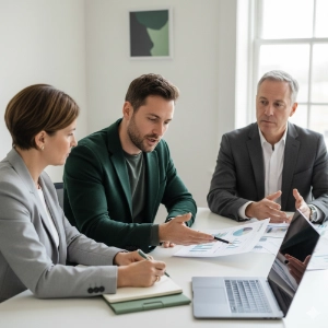 Drei Personen sitzen gemeinsam an einem Schreibtisch mit Unterlagen