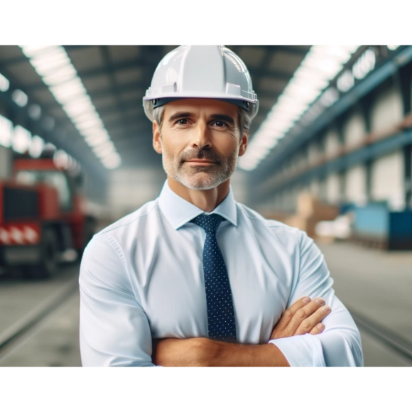 Interim Supply Chain Manager Ein Manager mit Bauheln steht in einer großen Halle mit verchraenkten Armen und laechelt.