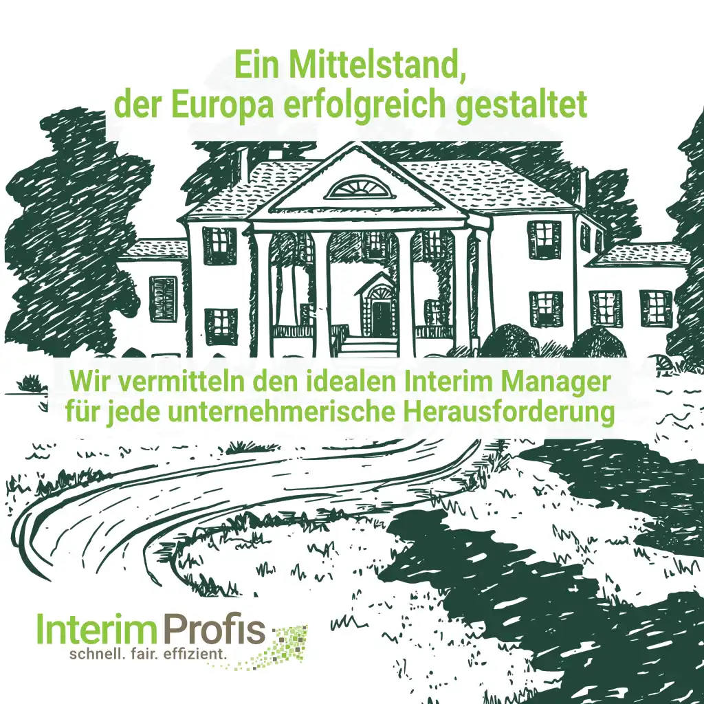 Die Vision und Mission der Interim Profis auf einem Bild mit einem Haus mit Säulen und Weg als Grafik dargestellt