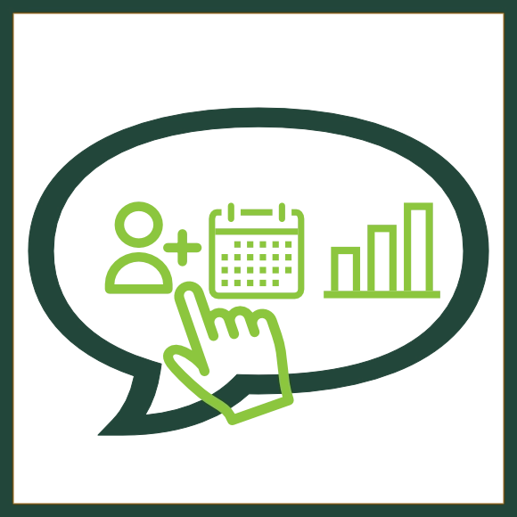 Grafik einer Sprechblase mit einem Icon einer Person, einem Kalender und Saeulendiagramm 