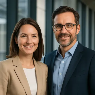 Zwei Führungskräfte in Businesskleidung lächeln in die Kamera – Symbolbild für Vakanzüberbrückung.