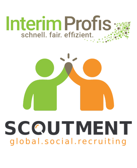 Logo von Interim Profis und Scoutment. In der Mitte des Bildes ein Icons von zwei Menschen die sich partnerschaftlich die Hand reichen.