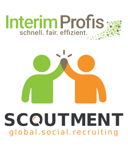 SCOUTMENT - unser Partner für Social Recruiting Logo von Interim Profis und Scoutment. In der Mitte des Bildes ein Icons von zwei Menschen die sich partnerschaftlich die Hand reichen.