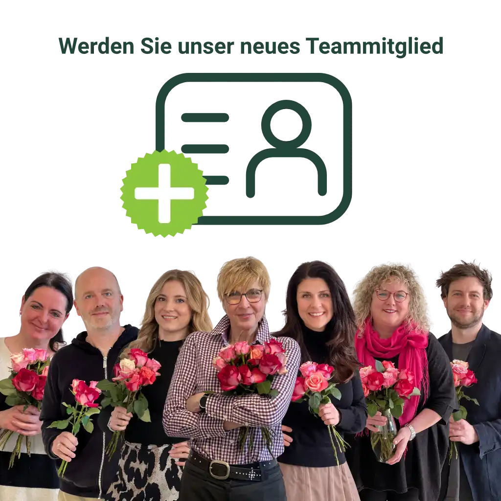 Collage aus Fotografien von Claudia Kohlmann, Magnus Bart, Annette Elias, Eileen Dross, Sabine Hübner, Sylvia Behr und Max Rindfleisch mit einem Icon einer Personenkarte und einem Text ,,Werden Sie unser neues Teammitglied''