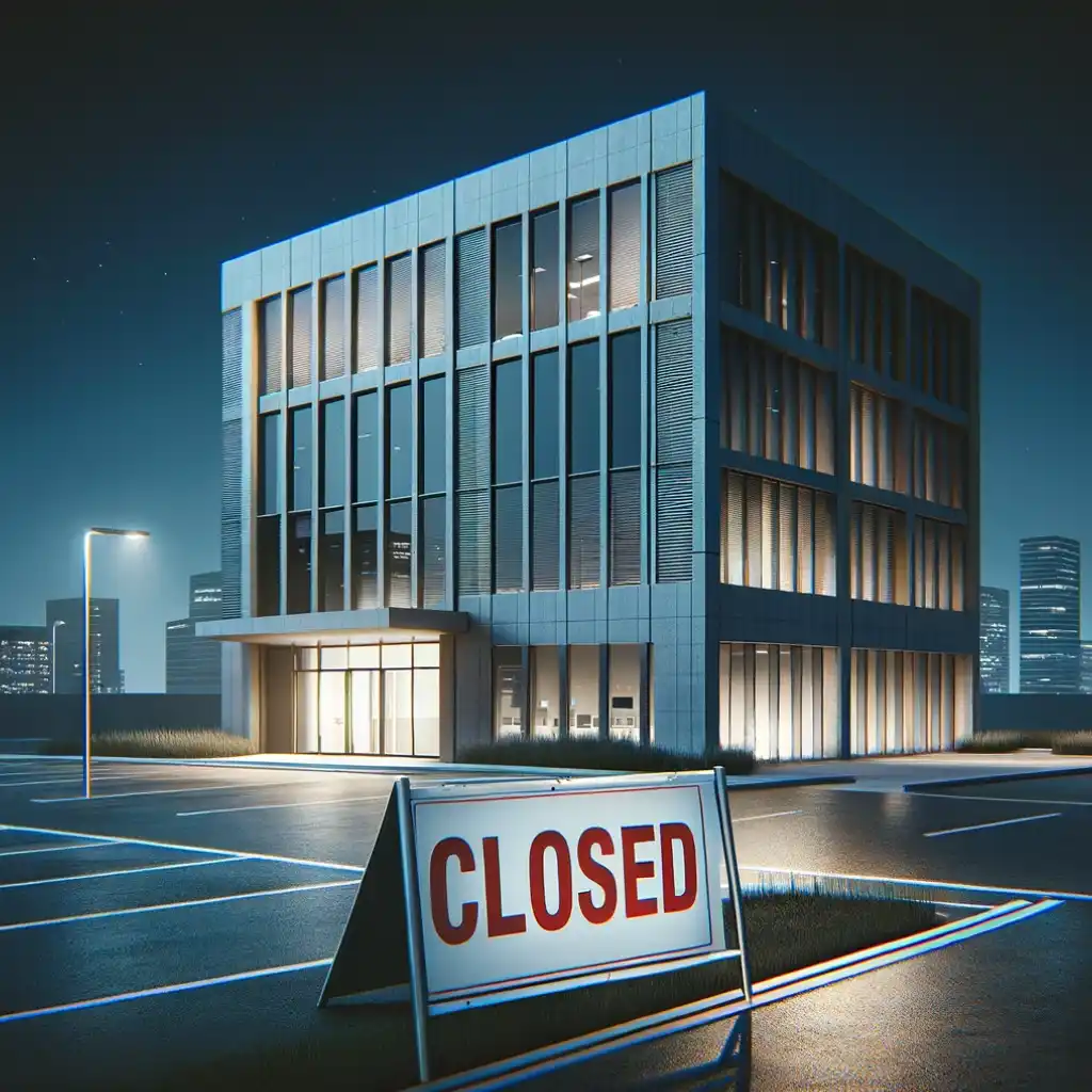 Interim Management für Standortschließung Ein Gebaeude, welches ein Unternehmen darstellt. Auf einem Schild steht Closed, welches symbolisiert, dass ein Unternehmen seinen Standort schliesst.