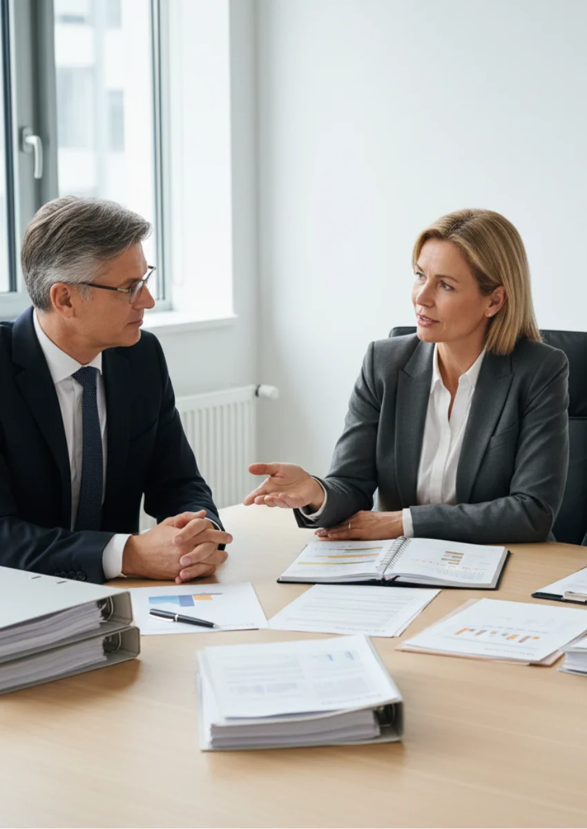 Zwei Personen sitzen in Businesskleidung an einem Schreibtisch  mit einem Stapel Dokumenten