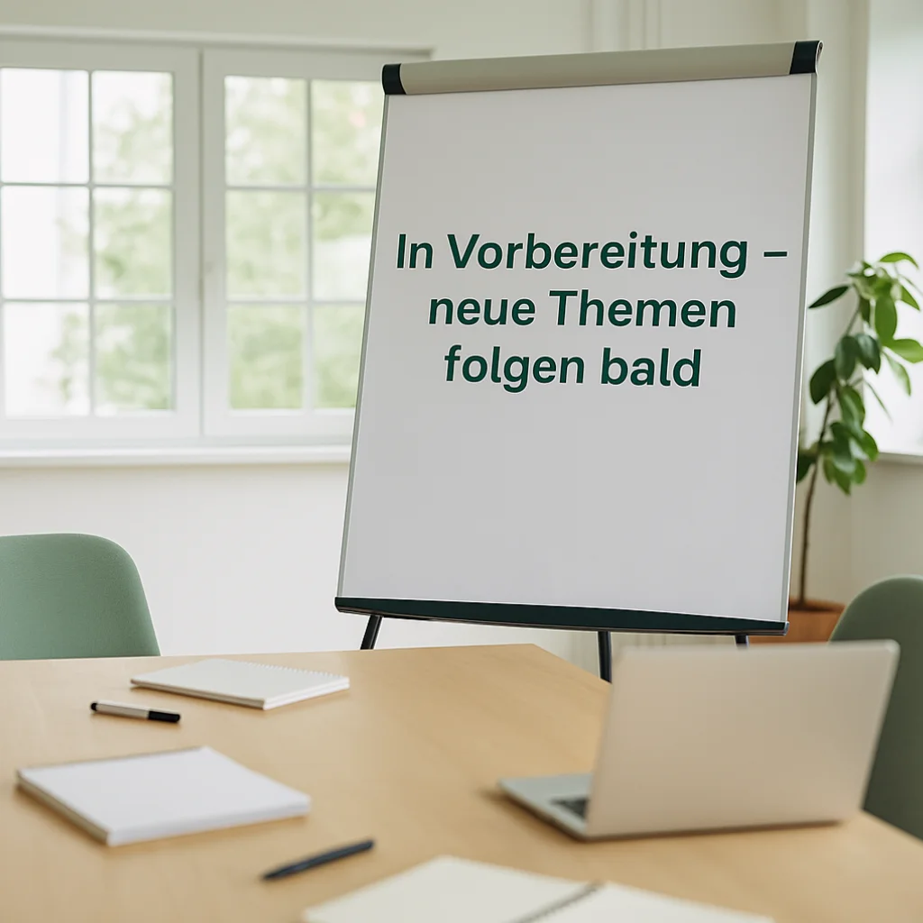 Neue Veranstaltungen in Planung – spannende Themen folgen bald Moderner Besprechungsraum mit Flipchart, auf dem ‚In Vorbereitung – neue Themen folgen bald‘ steht. Auf dem Tisch liegen Notizblöcke, Stifte und ein Laptop. Im Hintergrund große Fenster und eine Zimmerpflanze – freundliche, ruhige Atmosphäre.