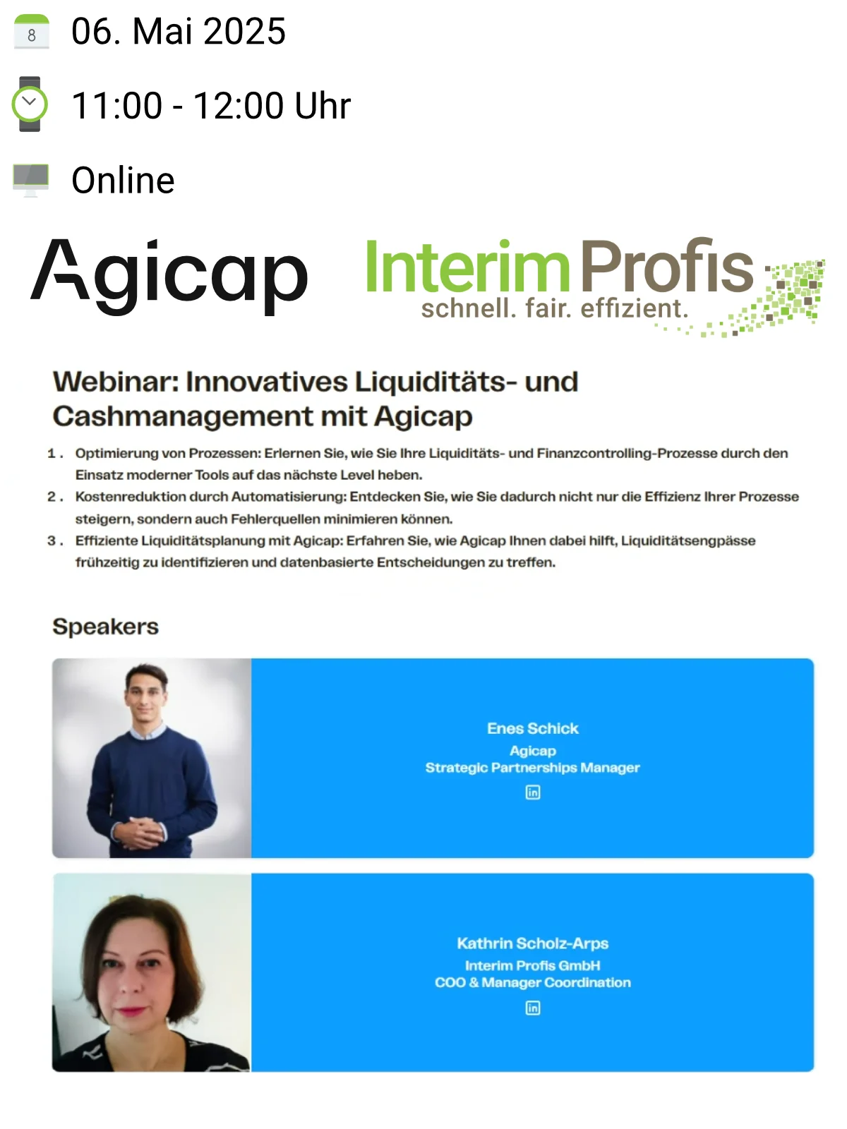 Innovatives Liquiditäts- und Cashmanagement mit Agicap und Interim Profis Flyer zur Veranstaltung mit Agicap und Interim Profis