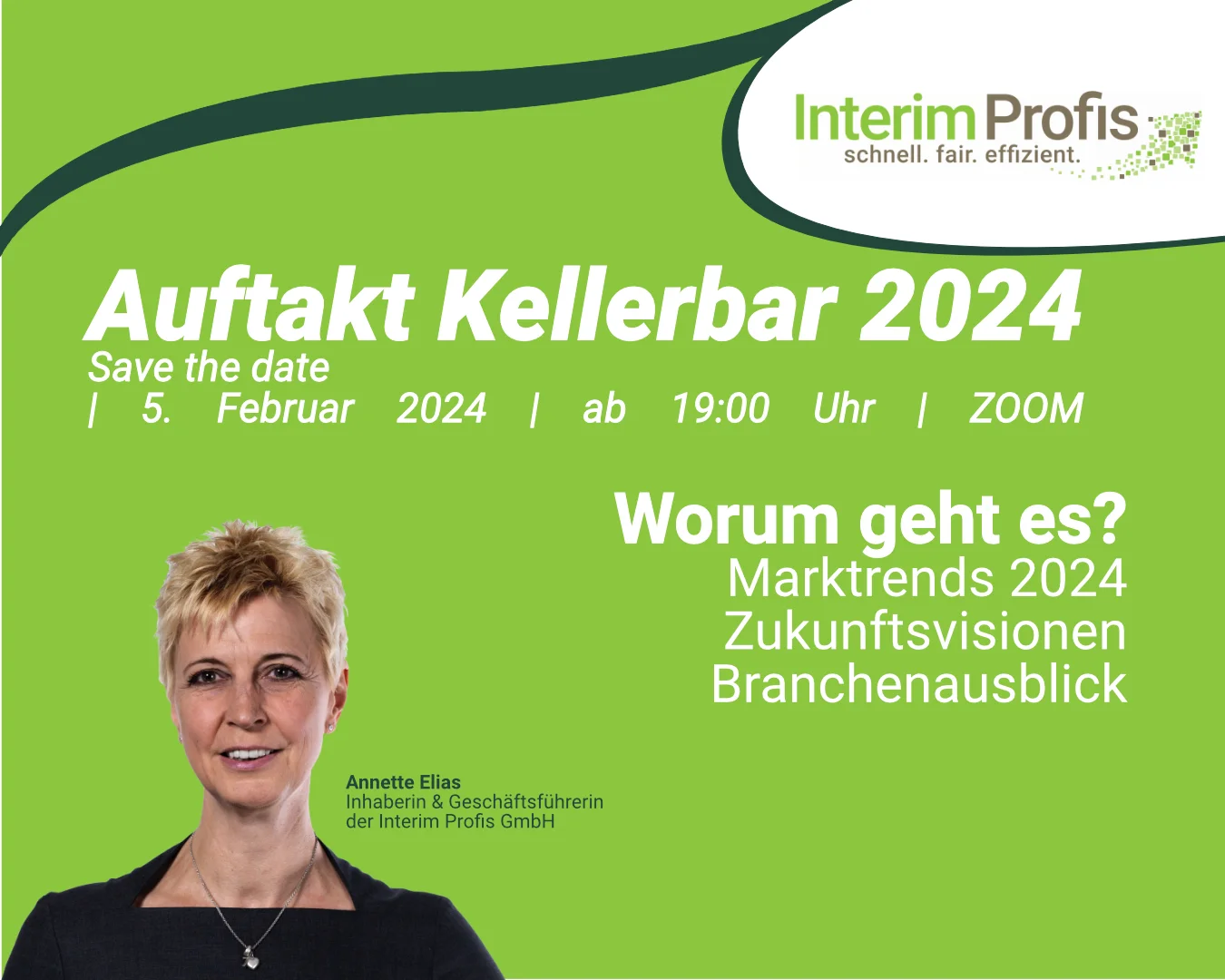 Kellerbar mit den Interim Profis Flyer mit Portrait mit Annette Elias und Beschreibung der Online Veranstaltung am 5 Februar 2024