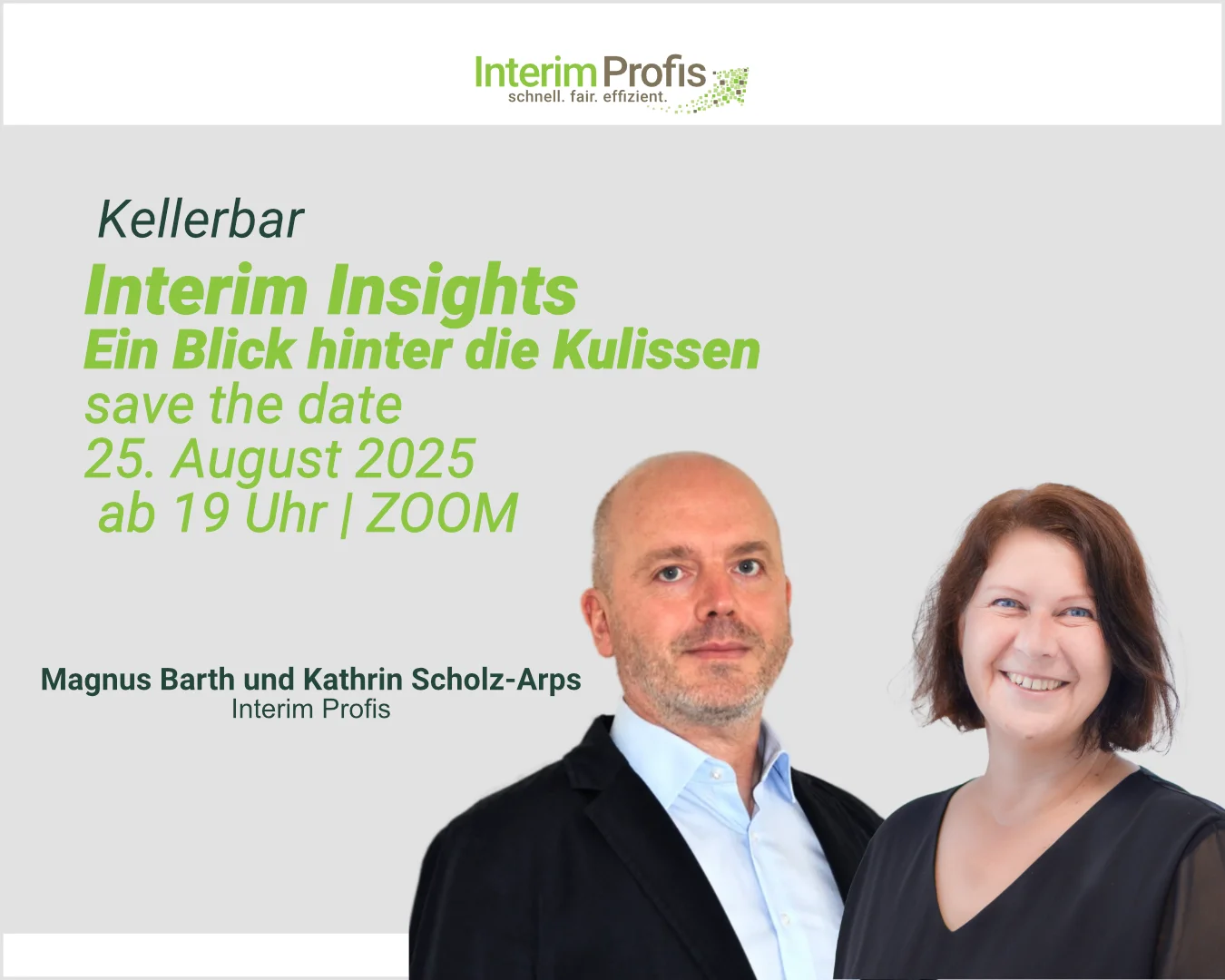 Flyer für die Veranstaltung Kellerbar Interim Insights mit Magnus Barth und Kathrin Scholz-Arps