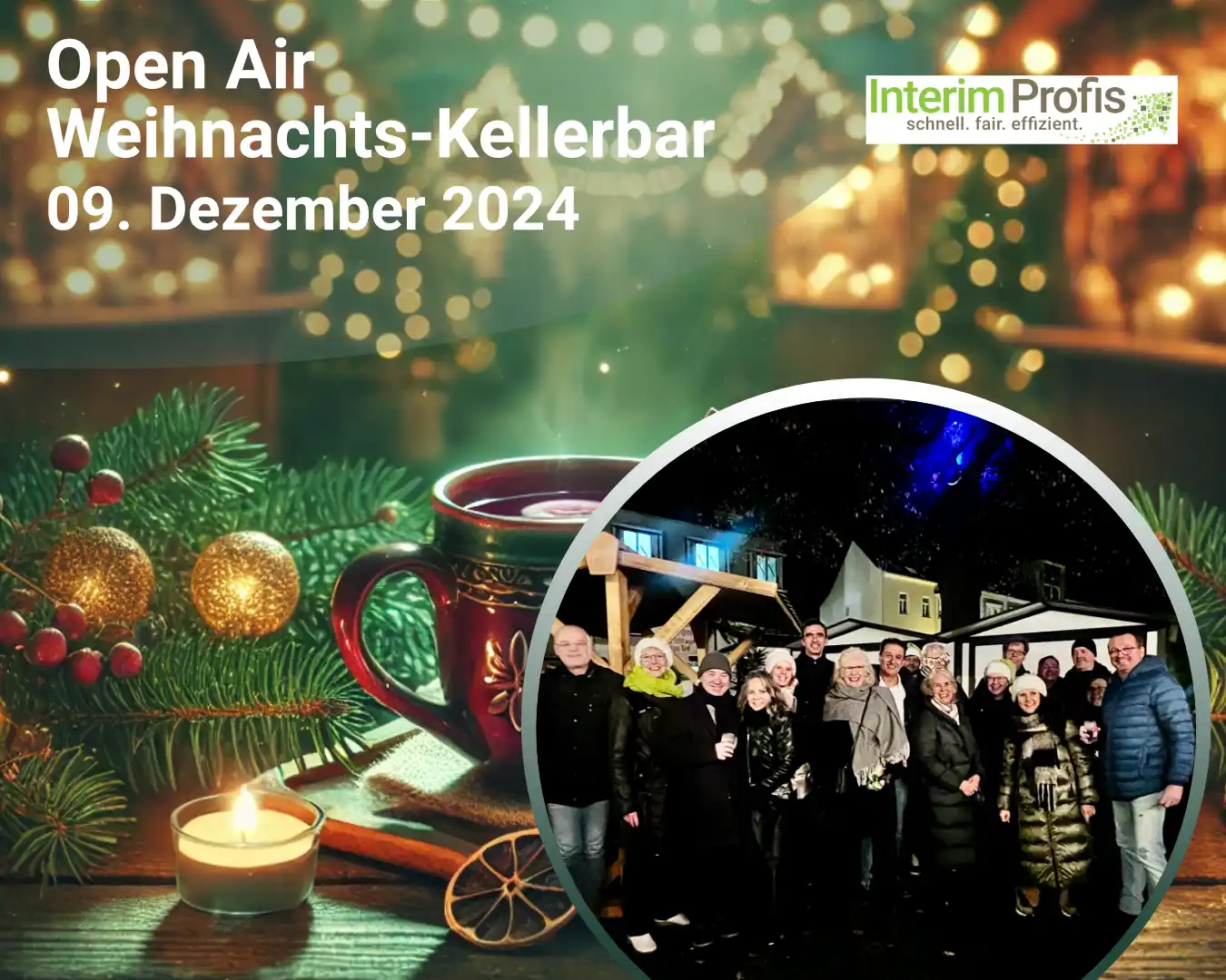 Open Air Weihnachts-Kellerbar Fyler der Veranstaltung mit einem Gruppenfoto auf einem Weihnachtsmarkt mit mehreren Personen und im Hintergrund ein Weignachtsmarkt
