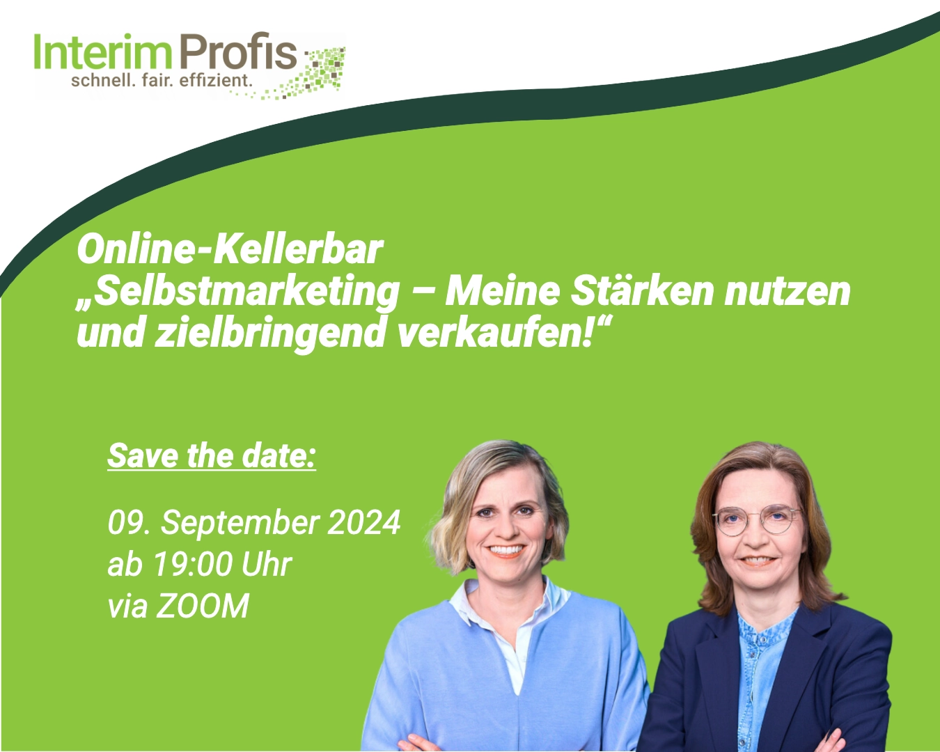 Gruener Flyer zur vergangenen Kellerbar mit t Ilka Remus, Interim Managerin und Beraterin und Lena Vierkötter, Beraterin von den KarriereRebellen